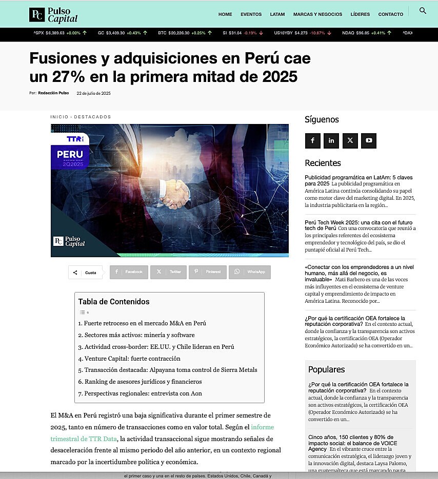 Fusiones y adquisiciones en Per cae un 27% en la primera mitad de 2025